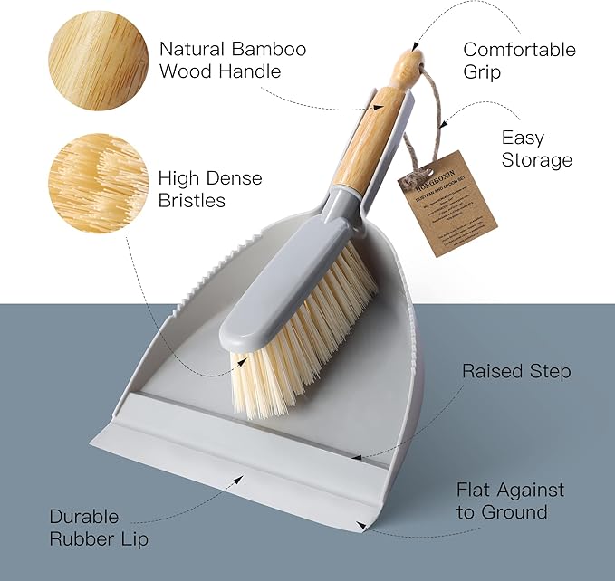 Small Dustpan and Brush Set - Mini Broom with Dustpan Set, Handheld Broom and Dust Pan Combo Set for Home, Pet Care, Car, 14 x 8.7 inch, Grey