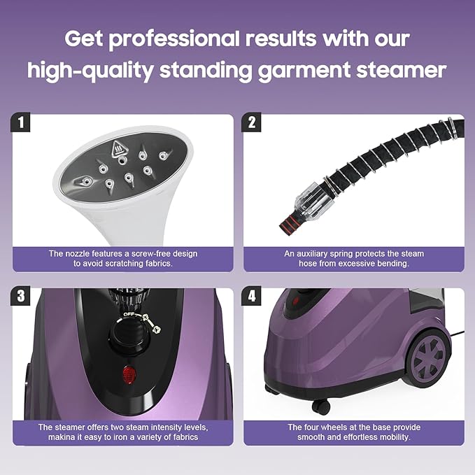 X-Large 3.8L Water Tank Steamer for Clothes, 1500W Powerful Standing Garment Steamer, 90 Mins Continuous Steaming, 45s Fast Heat-Up, Wheels for Easy Movement