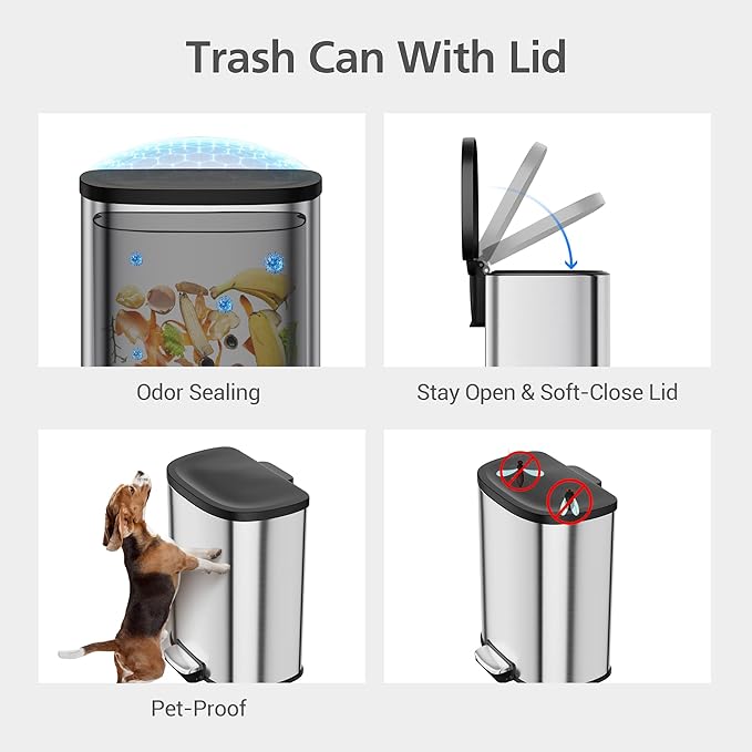 13.2 Gal/50L D-Shape Trash Can, Step-On Stainless Steel Garbage Can, Soft-Close Lid, Anti-Fingerprint Surface, Recycling Bin with Removable Inner Basket for Kitchen Dining Room