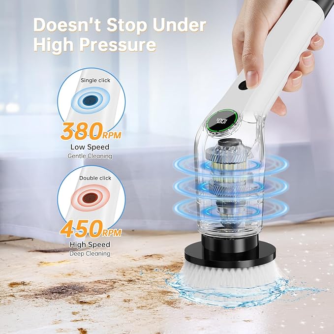 Electric Spin Scrubber, Cordless Shower Scrubber with 8 Scrub Brush, 2 Speed with Adjustable Extension Handle, Battery Level Display, Power Scrubber for Bathroom Bathtub Tile Floor (Black)