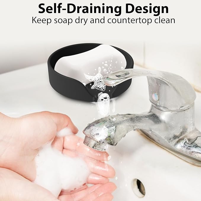 Self Draining Soap Dish, Silicone Suction Cup Soap Holder Tray Savers Container Sponge Holder for Bar Bathroom Shower Kitchen Sink, Can Extend Soap Life (2, Black)
