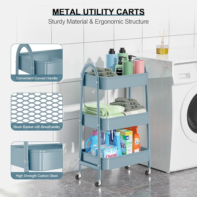 3 Tier Utility Rolling Cart, EAGMAK Metal Storage Cart with Handle and Lockable Wheels, Multifunctional Storage Organizer Trolley with Mesh Baskets for Kitchen, Living Room, Office, Garage (Blue)