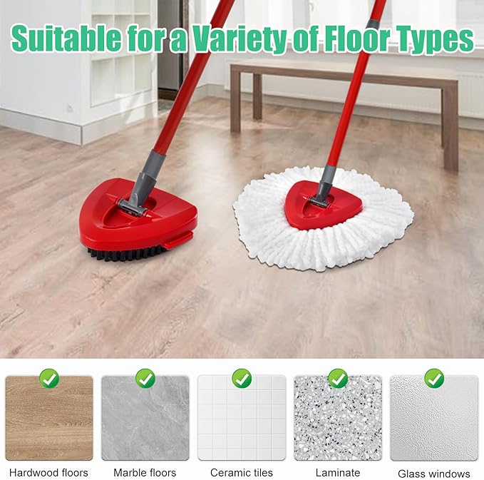 Spin Mop Heads Replacements for O Ceda EasyWring 1-Tank System, 2 Microfiber Mop Head Refills, 4-Section Iron Handle, 1 Base and 1 Scrub Brush Combo Set for Floor Cleaning