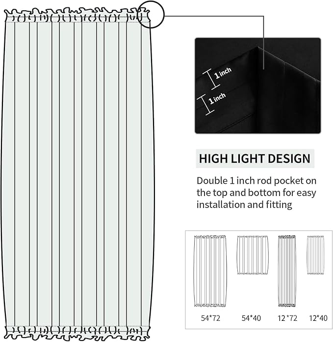 DWCN French Door Curtains – Rod Pocket Thermal Blackout Curtain for Window/Patio Doors/Doorways/Classroom/Kitchen for Privacy, 12W by 72L Inches, 1 Panel with Tieback, Black