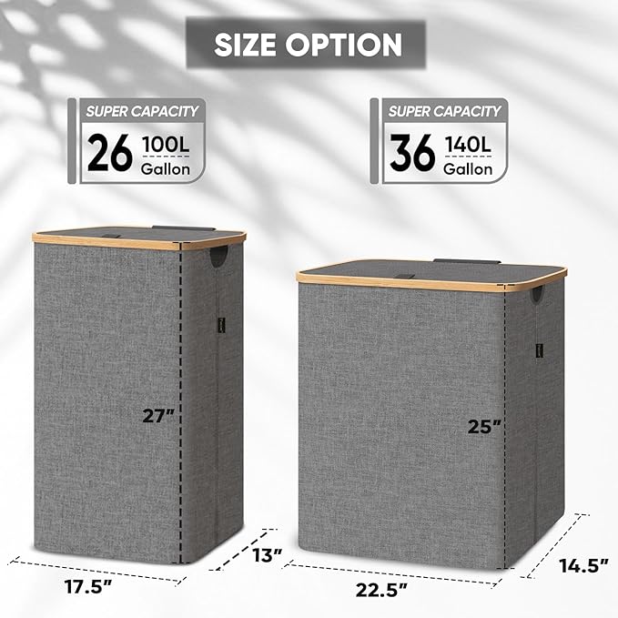 BALEINE Laundry Hamper with Lid, Tall Laundry Baskets with Bamboo Pull Handles, Large Laundry Bin with Internal Support (26 Gal/100L, Grey)