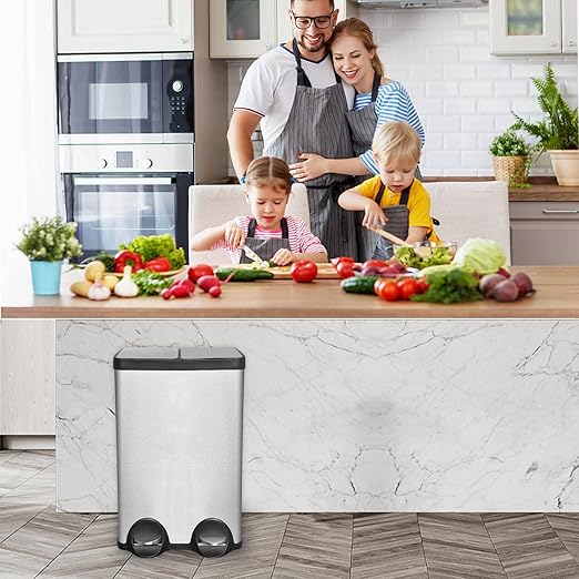 Dual Trash Can, 60 Liter/16 Gallon Dual Bin Trash Can with Lids, Trash and Recycling Bin Combo, Hands-Free Stainless Steel Kitchen Garbage Can, Silver Recycling Waste Bin for Home, Office
