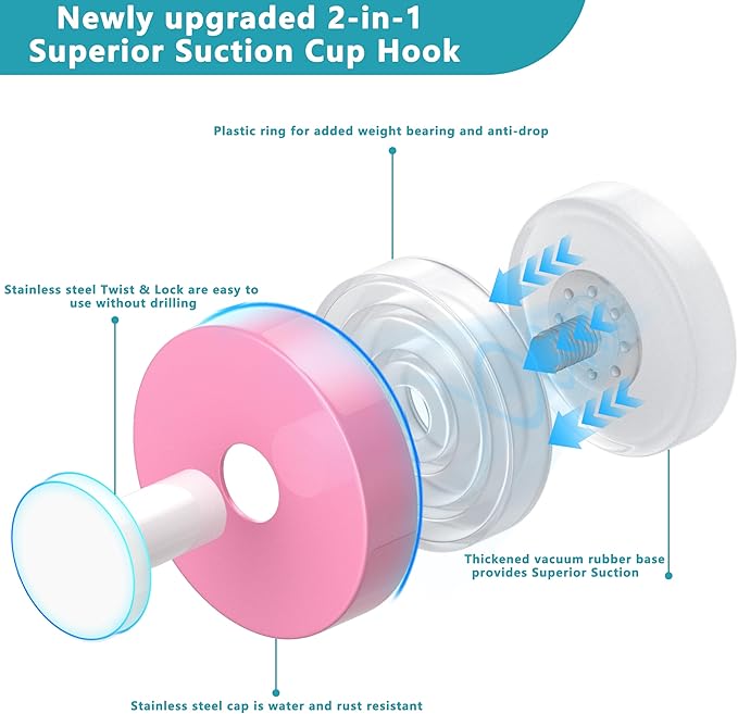 Suction Cup Hooks for Shower,Removable No Drill Towel Hooks,Upgraded 15 lbs Strong Suction hooks for Bathroom Tile,Shower Wall,Glass Door,Kitchen-Loofah,Coat,Stainless Waterproof-Pink White 4 Pcs