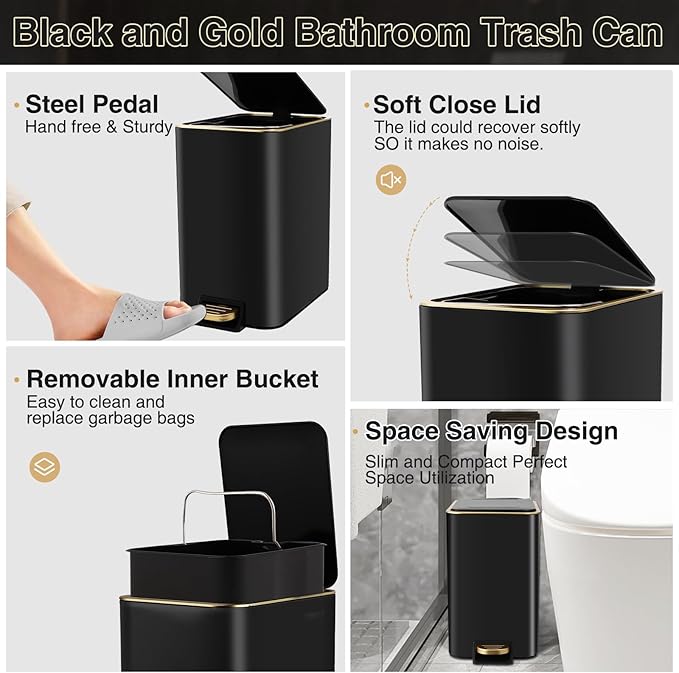 Small Bathroom Trash Can with Lid Soft Close, 1.8 Gallon Stainless Steel Garbage Can with Removable Inner Bucket,80Count Compostable Trash Bags, Slim Step Pedal Trash Bins