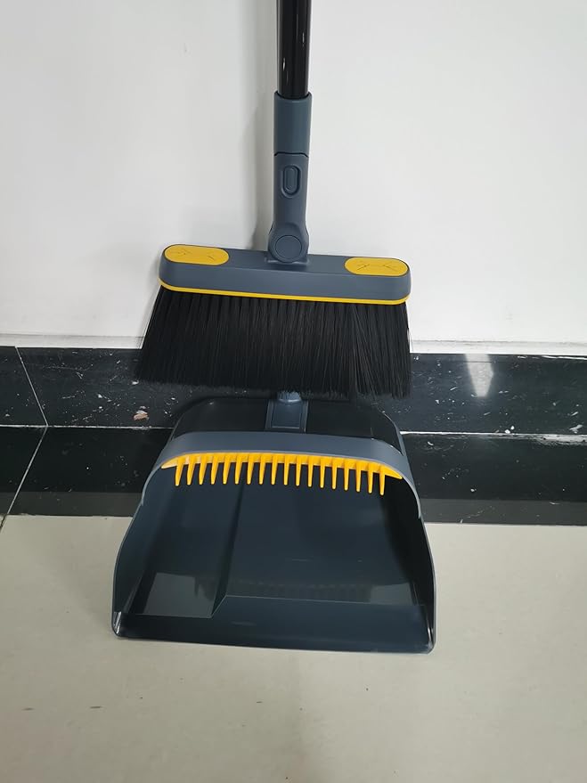 JEHONN Broom and Dustpan Set for Home, 54 Inches Long Handle Lightweight 180 Degree Rotating Indoor Upright Standing Dust Pan with Comb Teeth, Store Sweep Set for Room Kitchen Lobby Office