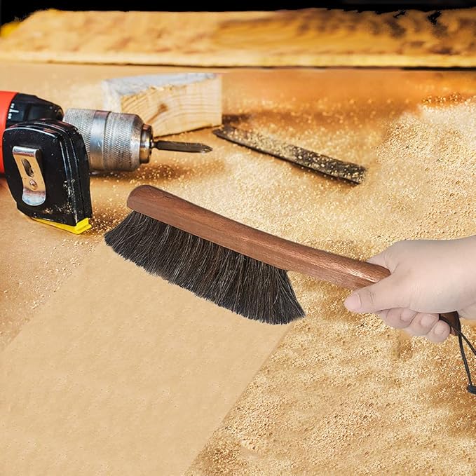 Counter Brush for Drafting, Patio, Bed, Fireplace, Woodworking, Outdoor Furniture Cleaning, Horsehair Shop Bench Brush, Wood Hand Broom Brush, 2 Microfiber Cleaning Cloth Included