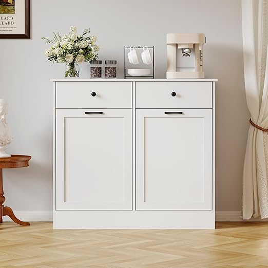 Double Tilt Out Trash Can Cabinet, 2 x 10 Gallon Wooden Trash Bin Cabinet with 2 Hideaway Drawers & Deodorizer, Freestanding Hidden Garbage Can Storage for Kitchen, Dining, Living Room, Pet-Proof Desi