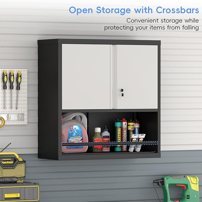 Metal Garage Cabinets, Lockable Storage Cabinet, Metal Cabinet with Open Storage, Upper Tool Cabinet for Basement, Wall Mounted Cabinets for Shop