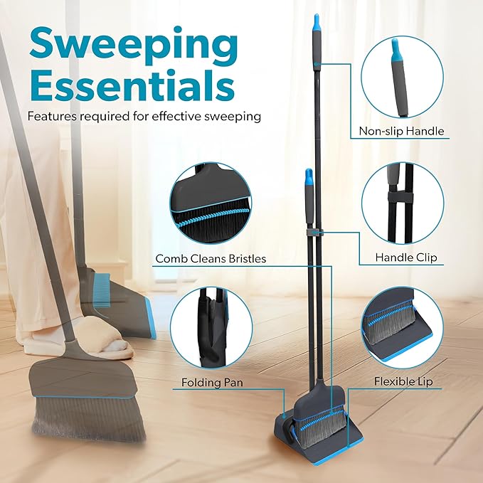 BLACK+DECKER Butler Broom & Dustpan Set - Short Handle, Stand-Up Design - Lightweight, Space-Saving Combo for Kitchen, Living Room, Bathroom, Lobby Floors - Home Cleaning Essential, Black/Blue