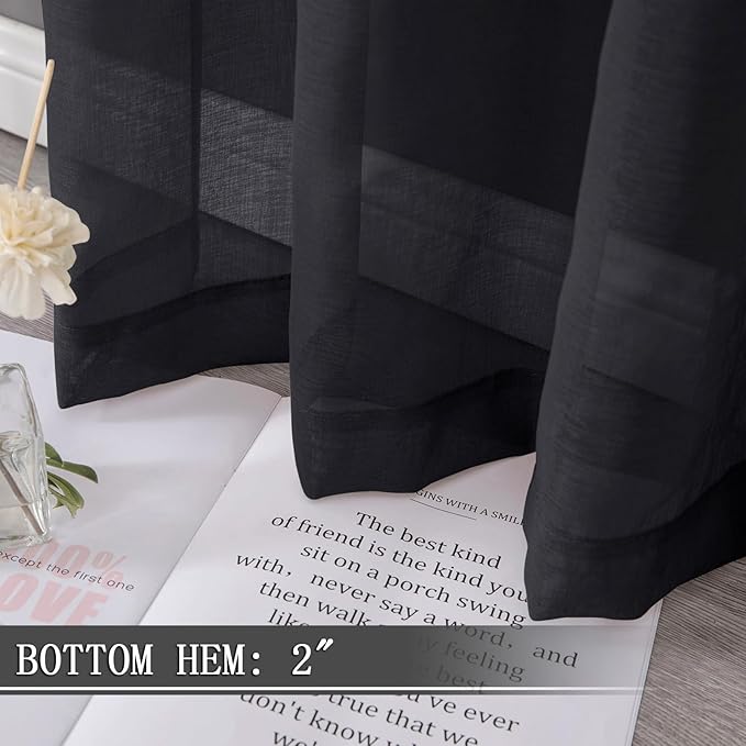 Tollpiz Sheer Curtains Bedroom Linen Textured Curtain Sheers Light Filtering Voile Rod Pocket Curtains for Living Room, 38 x 84 inches Long, Black, Set of 2 Panels