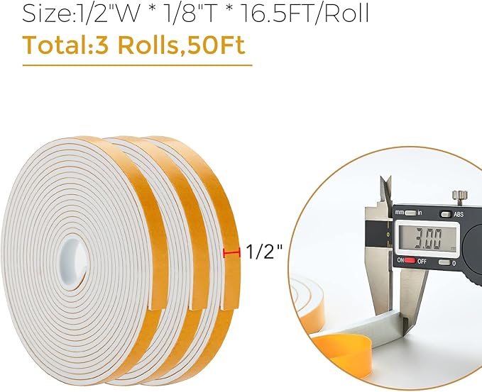 50 Feet Weather Stripping Door Seal, 1/2" Wide X 1/8" Thick Door Seal Strip High Density Foam Tape Adhesive Strip for Door Soundproofing,Window Insulation (1/2" x 1/8" x 50FT,White)