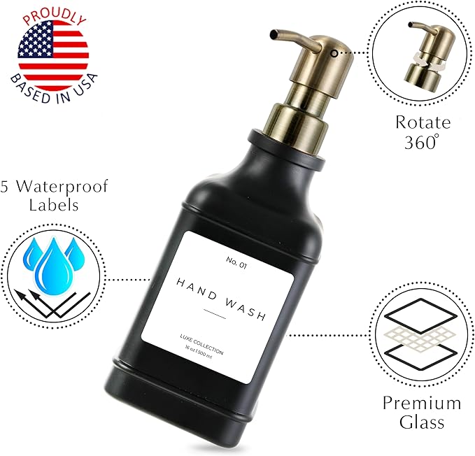 Emerson Essentials Soap Dispenser, Dish Soap Dispenser, Soap Bottle Bathroom Set, Hand Soap Farmhouse Home, Kitchen Soap Dispenser Set - Glass Soap Dispenser with Pump and Labels, 16 Oz, 2 Set