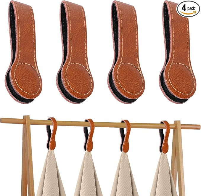 4 PCS Genuine Leather Towel Clips for Kitchen, Magnetic Hand Clips, Towel Holder with Magnet for Rods and Racks, Bathroom Accessory (Light Brown)