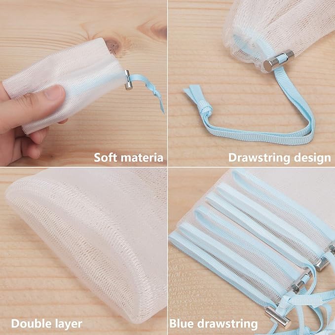 Cobahom 12 Pack Mesh Soap Bag Mesh Foaming Net Soap Sack Bags Soap Saver Pouch Net Bags with Drawstring for Bath & Shower （Blue）6x3.5Inch