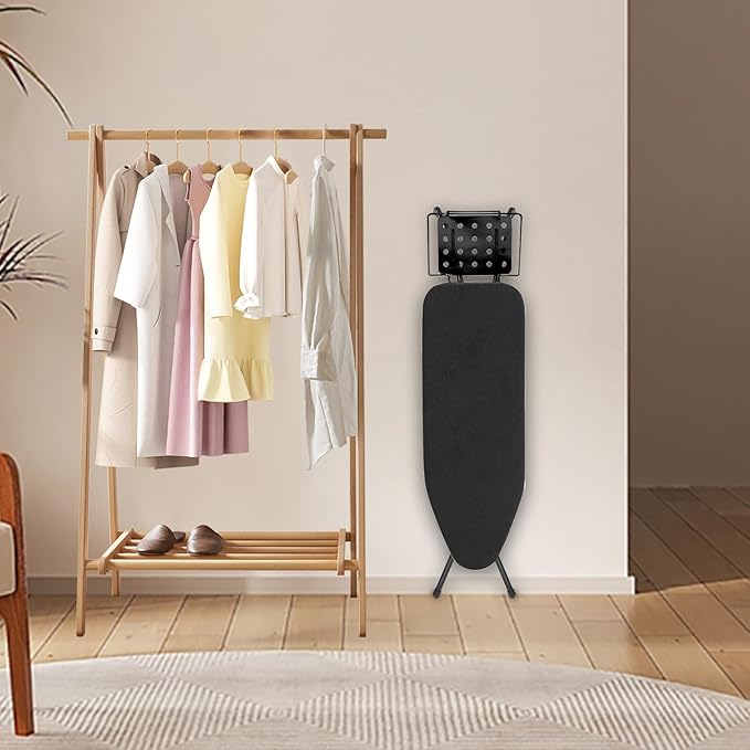 Ironing Board,52x14 Inch Iron Board with Steam Rest, Heavy Duty Metal Frame Legs Ironing Table with Heat Resistant Cover Mat, Foldable Full Size Hanger Ironing Stand, 5 Adjustable Height, Black