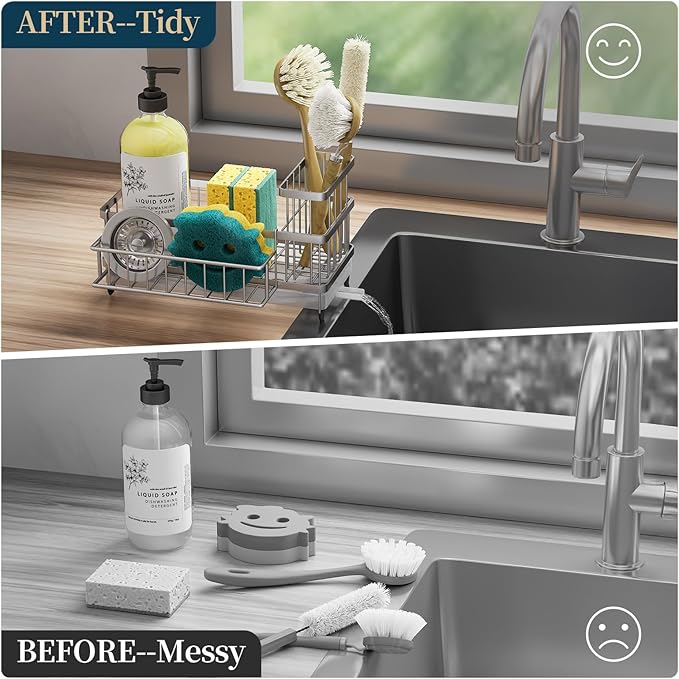 Consuemst Sponge Holder for Kitchen Sink - Auto Draining Sink Caddy Organizer with Detachable Rack, High Brush Holder, Kitchen Countertop Storage Accessories, Silver