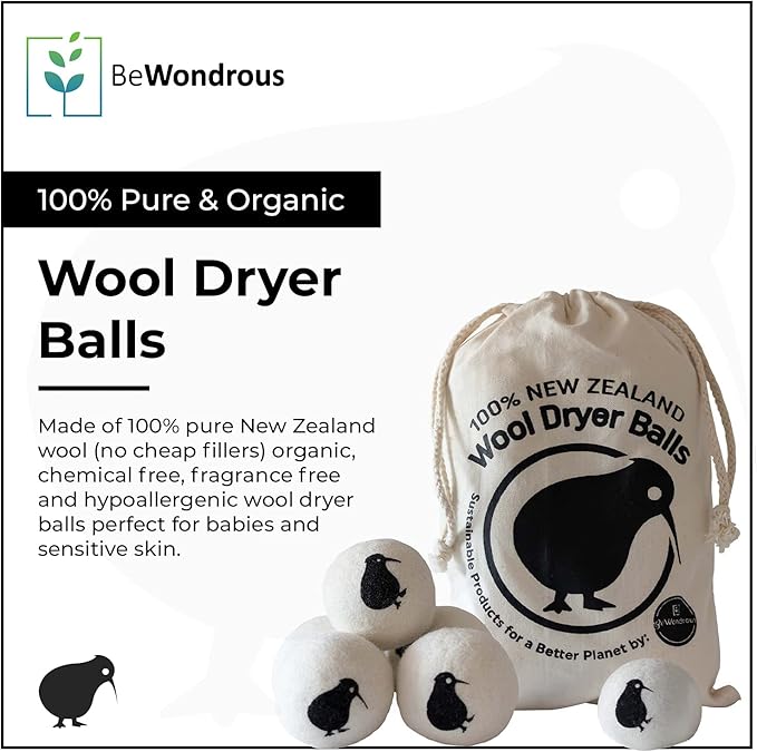 Wool Dryer Balls XL, 100% New Zealand Organic Wool - Reusable Natural Fabric Softener for Laundry, Dryer Sheets Alternative - Prevent Wrinkles and Anti Static (Black, 6-Pack)
