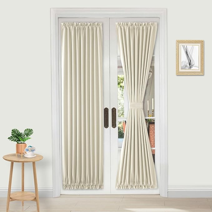 DWCN French Door Curtains – Rod Pocket Thermal Blackout Curtain for Doors with Glass Window, Kitchen and Patio Doors for Privacy, 36 X 72 Inches Long, 1 Curtain Panel with Tieback,Light Beige