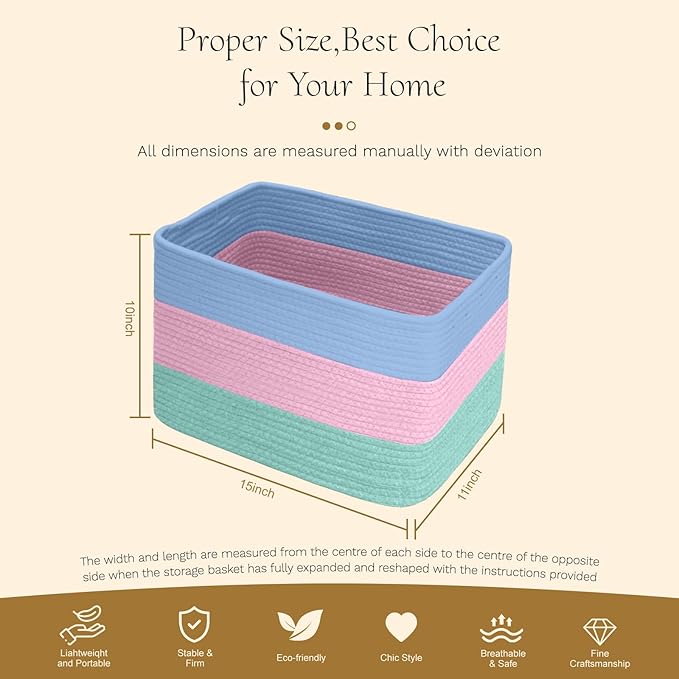 Hopegiver Woven Storage Baskets 15x11x10 Inch, 3 Pack Collapsible Cube Storage Bin for Shelves - Foldable Cotton Rope Organizer Bins for Towels, Toys, Books, Closet, Nursery (Blue Pink Green)