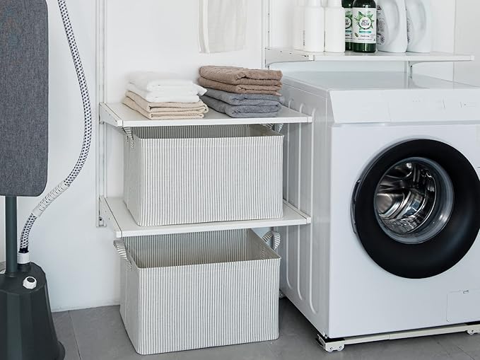StorageWorks 45L Large Storage Bins for Closet and Shelves, Fabric Organizer Baskets with Metal Frame for Clothes, Towels, Collapsible Storage Basket, Gray and White Stripes, 2-Pack