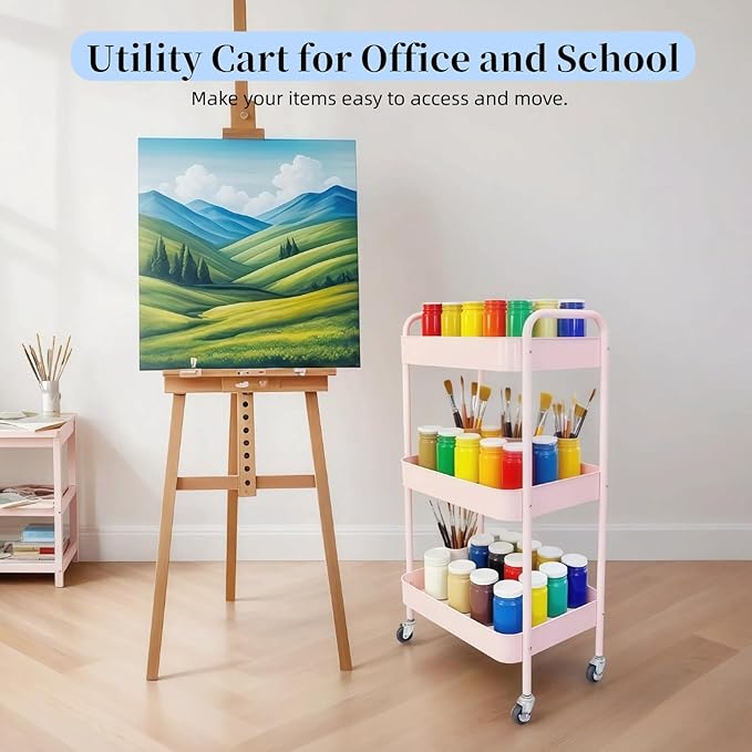 3 Tier Pink Rolling Cart for Nursery & Laundry Room with Handle & 4 Hooks, Metal Kitchen Storage Cart on Wheels and Lockable Casters, Large Capacity Sturdy Trolley for Lash Craft Bathroom
