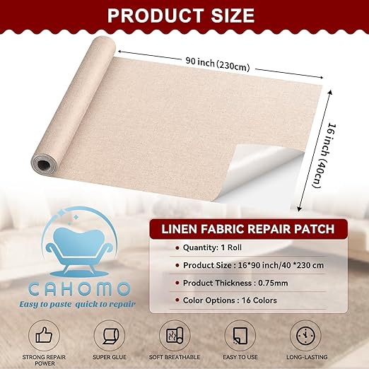 Linen Repair Tape 16x90 inch, Self Adhesive Fabric Patches, Linen Patch Tape Kit, Fabric Repair Tape for Couch Sofas, Headboards, Chairs, Pillows, Curtains, Couches - Dark Grey