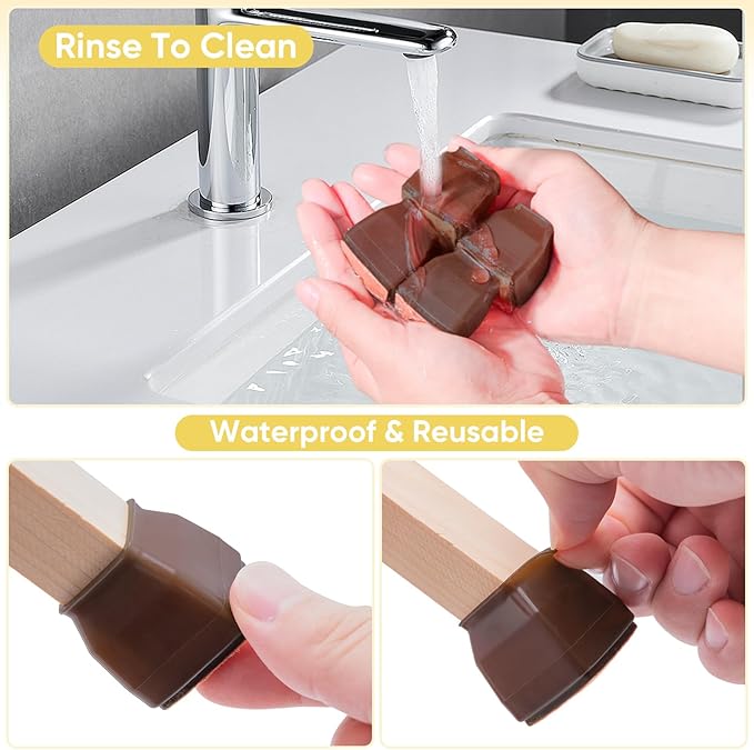 BALEINE 16 Pack Silicone Chair Leg Floor Protectors, Stool Leg Protectors Cap, Non-Slip Chair Leg Caps for Hardwood Floors (Brown & Large (Square), 16 Pack)