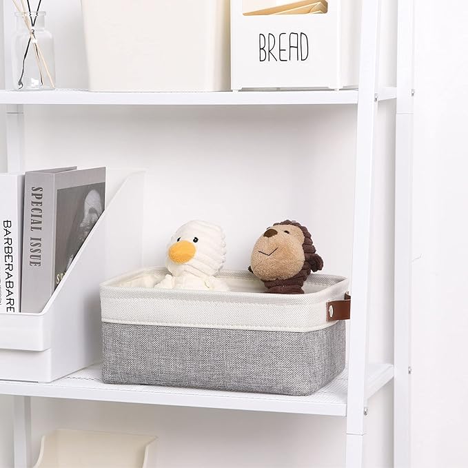 DULLEMELO Small Collapsible Fabric Basket for Organizing, Shelves, Closets, Laundry, Nursery, Decorative Gift Basket (White & Gray)