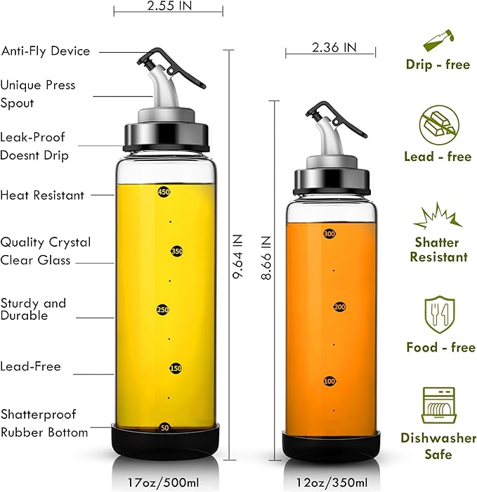 Olive Oil Dispenser Bottle for Kitchen Shatterproof Glass Bottle with Leakproof Pourer Spout & Rubber Bottom 17 oz Oil and Vinegar Dispenser Set of 2 Olive Oil Bottle for Cooking