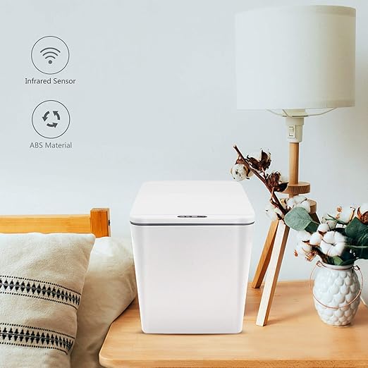 Automatic Small Countertop Trash Can with Lid, 1.5 Gal/6L Toucheless Mini Waste Bin for Office Desk/Bedside Table/Coffee Bar -Batteries, White