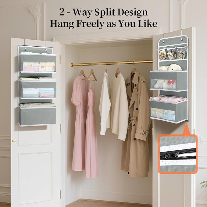 LAMU 6-Tier Over The Door Organizer, Swing - Proof Closet Door Organizer, Flexible 1 Split into 2 Over The Door Storage Organizer for Nursery, Bathroom, Bedroom, Grey, 5 x 14 x 61in