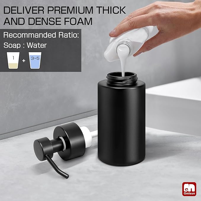 GMISUN Foaming Soap Dispenser, 10 Fl oz/300 ml Matte Black Glass Foaming Hand Soap Dispenser, 2Pcs Hand Soap Dispensers for Bathroom & Kitchen, Refillable Foam Soap Pump Bottle with Waterproof Labels