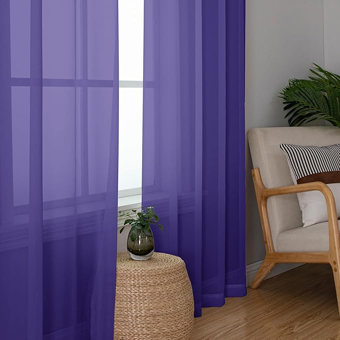 Chyhomenyc Purple Sheer Curtains 54 Inch Long 2 Panels, Light Filtering Rod Pocket Voile Short Curtains Drapes for Living Room Bedroom Small Windows, 42Wx45L Inches