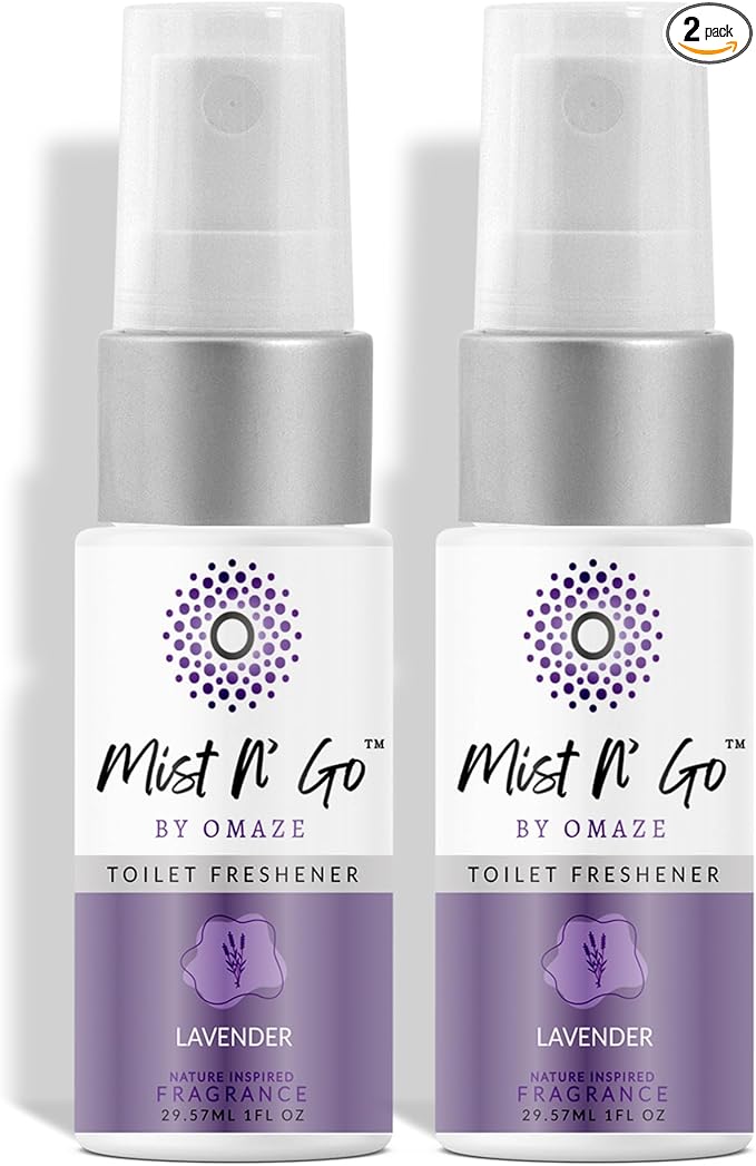 Mist N’ Go by Omaze Travel Bathroom Spray for Toilet Spray Odor Eliminator - Travel Toilet Spray for Bathroom Air Freshener Spray for Bathroom Deodorizer - Lavender Travel Size (1oz x2)