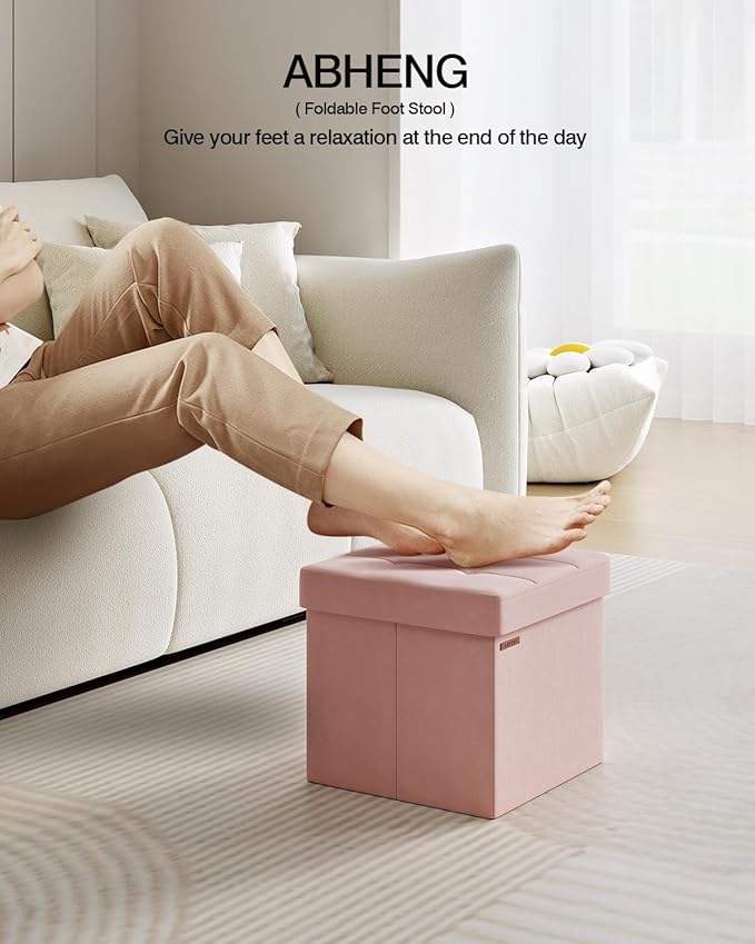 Folding Storage Ottoman, Velvet Storage Bench, Footrest, Footstool, for Living Room, Bedroom and Office,15 x 15 x 15 Inches, 300 kg Load Capacity,Jelly Pink,UASND04P