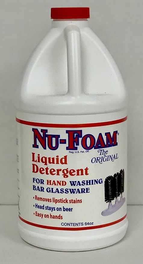 Nu-Foam Liquid Detergent for Bar Glassware – Original Streak-Free Solution - Hand Washing Bar, Tavern, Brewery Supplies - Spotless Serving Glasses - Concentrated Formula - Easy On Hands - 64oz Jug