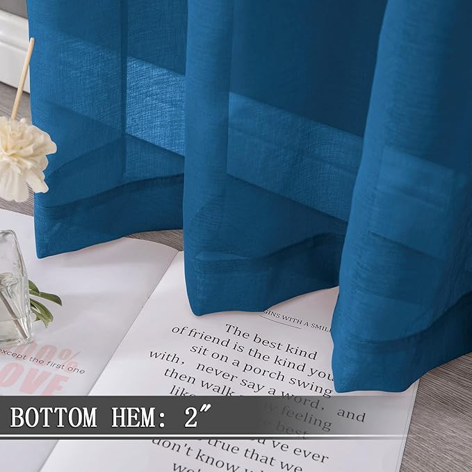 Tollpiz Short Sheer Curtain Linen Textured Bedroom Curtains Sheer Light Filtering Rod Pocket Voile Curtain for Living Room, 54 x 54 inches Long, Classic Blue, Set of 2 Panels