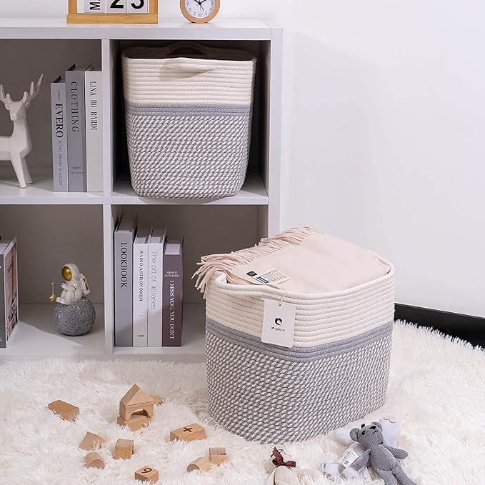 Medium and Large Woven Basket//With Handle, Used for Toys and Fabric Storage Basket used for Storing xl Storage Box, Decorative Storage Box Room 2pack (14L*12H YWhite/Gray, 14L*10W*12H)