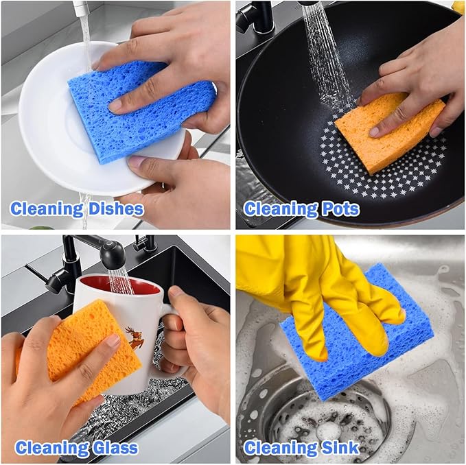 YoleShy Sponges Kitchen 10 Pack Natural Compressed Cellulose Sponges for Dishes Non Scratch for Household Cookware Bathroom Cars Soft Super Absorbent Reusable, Blue and Yellow