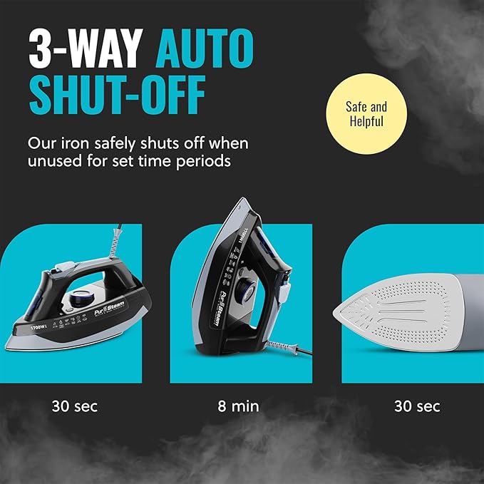 Pursteam Steam Iron for Clothes 1700W with Self-Cleaning Nonstick Stainless Steel Soleplate, Auto Shutoff, Anti-Drip
