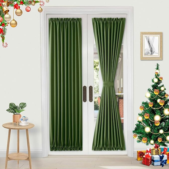 DWCN French Door Curtains – Rod Pocket Thermal Blackout Curtain for Doors with Glass Window, Kitchen and Patio Doors for Privacy, 25 X 72 Inches Long, 1 Curtain Panel with Tieback, Olive Green