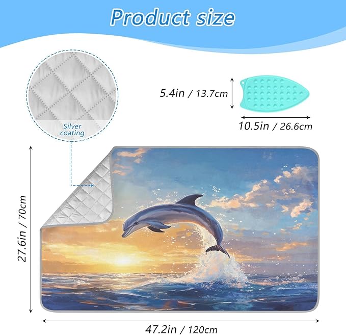 Dolphin Jumping Sunset Blue Ironing Mat Thickened Ironing Blanket Travel Portable Double-Side Using Ironing Pad Travel Isolate Heat Pad Cover for Washer Dryer Table Top Countertop 27.6x47.2in