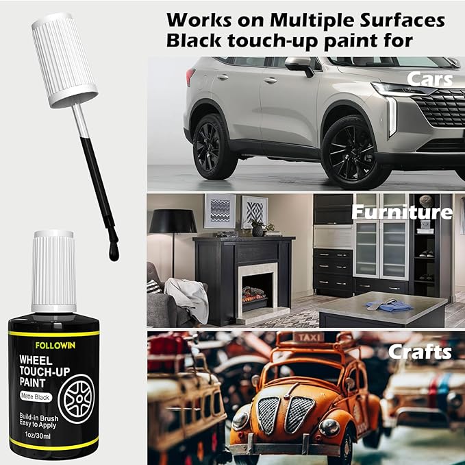 FOLLOWIN Matte Black Rim Touch Up Paint for Cars,Car Wheel Rim Paint Repair Kit,Automotive Rim Scratch Repair 1OZ/30ml