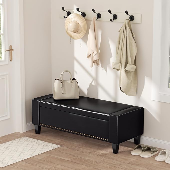 48.8" Storage Ottoman Bench Black | Faux Leather Bedroom Bench with Lift Top for Living Room & Bed End
