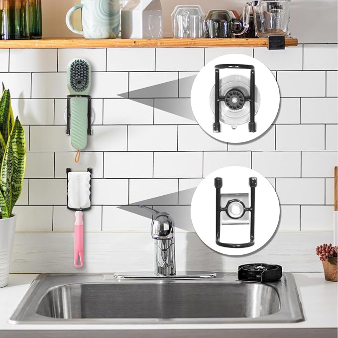 Sink Brush Holder, Magnetic Kitchen Sink Caddy Holder, Soap Dispensing Palm Brush Holder, Sink Drain Frame- Black