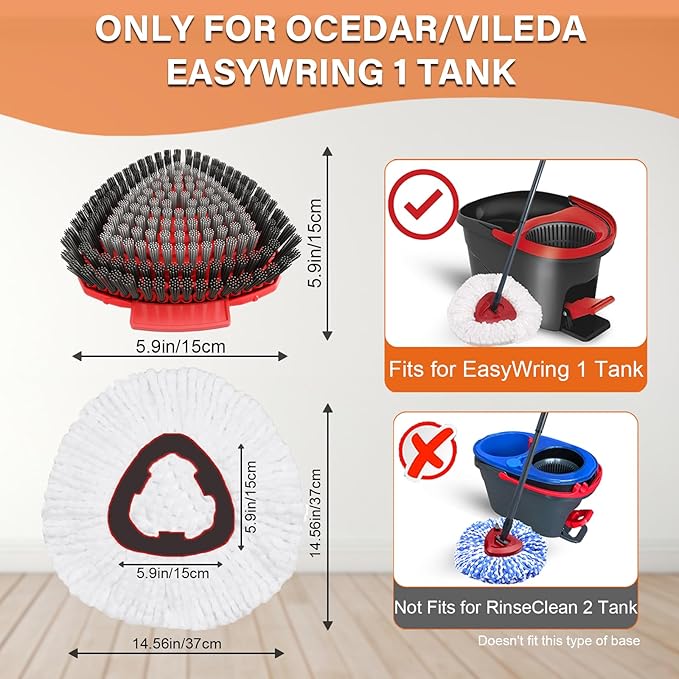Spin Mop Head Replacement for O Cedar EasyWring 1-Tank System, 2 Mop Replace Heads + 1 Upgrade Scrubber Brush, 100% Microfiber Mop Refills Deep Cleaning Machine Washable